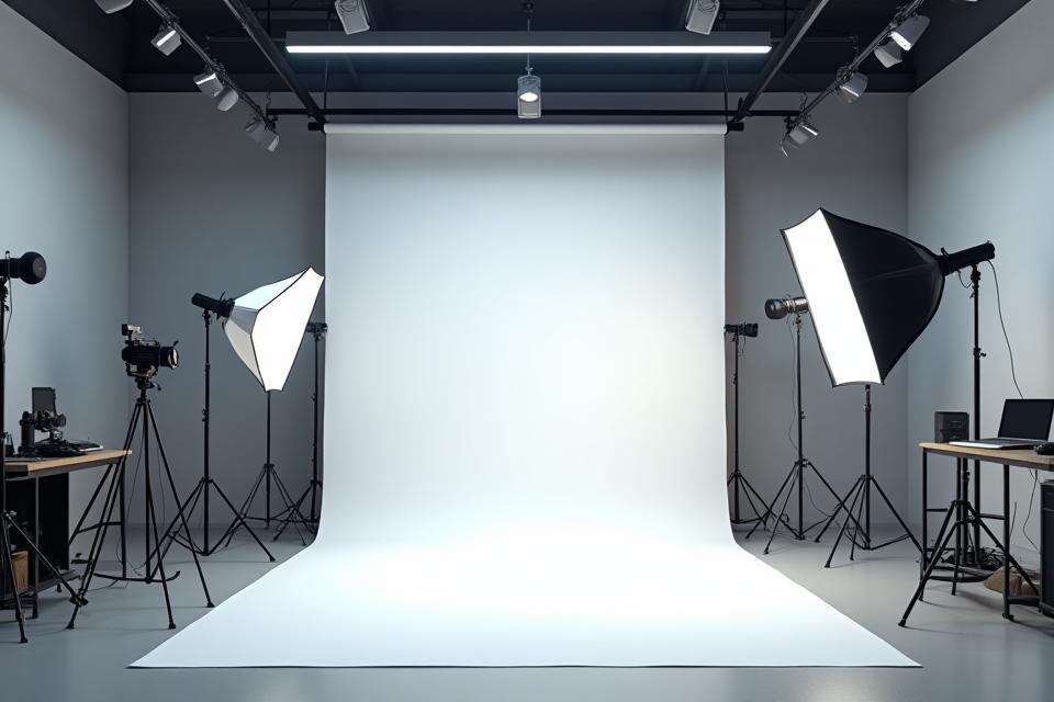 Modern photography studio interior bathed in light, showcasing professional equipment.