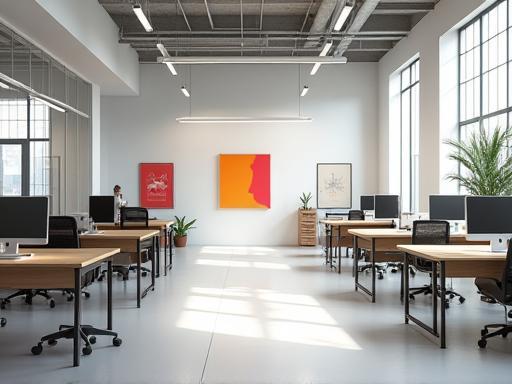 Bright and modern studio workspace with computers and mood boards.