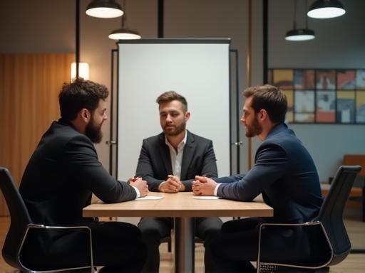 Team members discussing ideas in a modern studio setting.