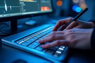 Close up of hands working on photo editing software.